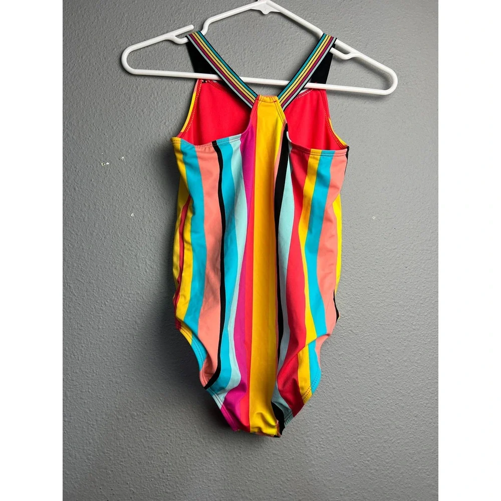 Wonder Nation Girls Beach Vibes Striped One Piece Swimsuit Multi Color Sz 10-12